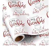 RUSPEPA Rollo de Papel de Regalo de Cumpleaños Divertido para Hombres, Maridos y Él - Diseño Juguetón "Te Mostraré Mis Tetas Más Tarde, Quiero Decir Feliz Cumpleaños" - 43,2 cm x 5 m