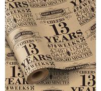 RUSPEPA Rollo de papel de regalo de cumpleaños, mini rollo, papel de regalo kraft con diseño de 13 años en negro ideal para cumpleaños, fiestas, vacaciones, 43,2 cm x 5 m, 13.º cumpleaños