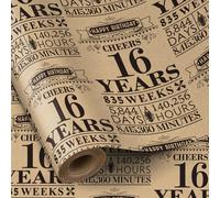 RUSPEPA Rollo de papel de regalo de cumpleaños, mini rollo, papel de regalo kraft con diseño de 16 años en negro ideal para cumpleaños, fiestas, vacaciones, 43,2 cm x 5 m, 16.º cumpleaños