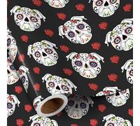 RUSPEPA Rollo De Papel De Regalo Del Día De Muertos Para Perros,Diseño De Calaveras De Azúcar Coloridas, Bulldog Y Rosa Para Halloween, Fiesta Del Día De Muertos, Festividades, 43,2 Cm X 5 M