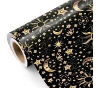 RUSPEPA Rollo de papel de regalo Galaxy - Mini rollo - 43,2 cm x 5 m - Papel de regalo negro y dorado con texto "Espacio, Luna, Estrellas, Soles" para cumpleaños, bodas y baby showers.