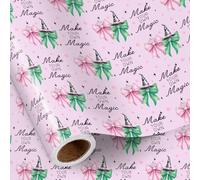 RUSPEPA Rollo De Papel De Regalo Navideño Con Lazo Para Niñas,Diseño De Lazo Rosa Y Verde Con Sombrero De Bruja, Estrellas Y "Crea Tu Propia Magia", Papel De Regalo Malvado Para Navidad, 43,2 Cm X 5 M