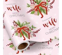 RUSPEPA Rollo De Papel De Regalo Navideño Para Esposa, Mini Rollo, Diseño "Para Una Esposa Encantadora" Con Frutos Rojos, Follaje Y Lazo Navideño, Papel De Regalo Rosa Para Ella, Mujer, 43,2 Cm X 5 M