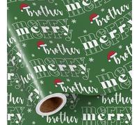 RUSPEPA Rollo De Papel De Regalo Navideño Para Hermano, Texto "Feliz Hermano" En Verde, Diseño De Gorro De Papá Noel Y Copo De Nieve, Papel De Regalo Festivo Para Niños,43,2 Cm X 5 M