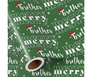 RUSPEPA Rollo De Papel De Regalo Navideño Para Hermano, Texto "Feliz Hermano" En Verde, Diseño De Gorro De Papá Noel Y Copo De Nieve, Papel De Regalo Festivo Para Niños,43,2 Cm X 5 M