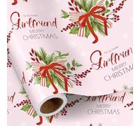 RUSPEPA Rollo De Papel De Regalo Navideño Para Novia, Diseño "Para Una Novia Encantadora" Con Lazo Navideño, Bayas Y Copos De Nieve, Papel De Regalo Rosa Romántico Para Ella Y Mujer, 43,2 Cm X 5 M