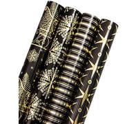 RUSPEPA Rollo de Papel de Regalo Navideño - Trineo Navideño Negro y Dorado Diseño Festivo con Lámina Metálica Brillante - 4 Rollos - 43.5x305 cm Por Rollo