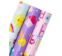 RUSPEPA Rollo de papel de regalo para cumpleaños de niñas - 3 rollos cortos - 43,2 cm x 3,05 m por rollo - Papel de regalo de feliz cumpleaños en rosa y morado para cumpleaños de niñas y baby showers.