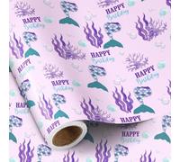 RUSPEPA Rollo De Papel De Regalo Para Cumpleaños De Sirena, Diseño Morado Bajo El Mar Con Cola De Sirena, Corales Y Texto "Make A Splash" Para Niñas, Fiesta De Cumpleaños Infantil, 43,2 Cm X 5 M