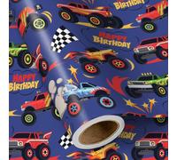 RUSPEPA Rollo de papel de regalo para cumpleaños para niños, trajes con motivos de Monster Truck azul y bandera de carreras, fiestas temáticas de carreras para niños 43.2cm x 3m