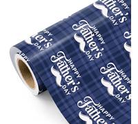 RUSPEPA Rollo de papel de regalo para el día del padre, mini rollo, feliz día del padre con bigote en papel de regalo a cuadros azules, perfecto para papá, hombres, cumpleaños, novio - 43,2cm x 5m