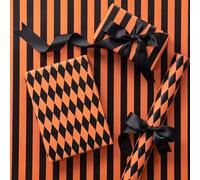 RUSPEPA Rollo de papel de regalo reversible, mini rollo, patrón de rayas y rombos naranjas y negros para adolescentes, Halloween, fiestas de otoño, cumpleaños, celebraciones espeluznantes, 43,2cm x 5m