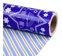 RUSPEPA Rollo De Papel De Regalo Reversible Navideño, Mini Rollo, Diseño Azul De Estrella De David Y Menorá, Papel De Regalo Con Rayas Diagonales Azules Y Doradas Para Navidad, 43,2 Cm X 10 M