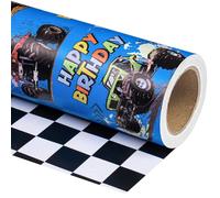 RUSPEPA Rollo de papel de regalo reversible para cumpleaños de Monster Truck, mini rollo, papel de regalo de cumpleaños con bandera a cuadros, papel de regalo para niños, baby shower - 43,2cm x 5m