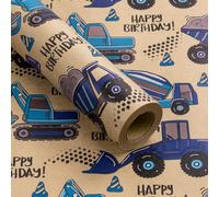RUSPEPA Rollo De Papel Para Envolver Niños, Mini Rollo, Diseño De Camión Azul Y Texto "Happy Birthday", Papel Kraft Ideal Para Cumpleaños Infantiles, Fiestas De Camiones Y Más - 43,2 Cm X 5 M