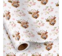 RUSPEPA Rollo Mini de Papel de Regalo de Vaca Highland - Estampado de Vaca con Flores Rosas, Estilo Rústico y Campirano Encantador para Niñas, Cumpleaños de Niños, Día de la Madre, 43,2 cm x 5 m