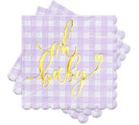 RUSPEPA Servilletas De Papel Cuadriculadas Para Baby Shower (Paquete De 50) - Desechables De 3 Capas, Color Morado Con Estampado Dorado "Oh Baby", 12,7 X 12,7 Cm, Color Morado