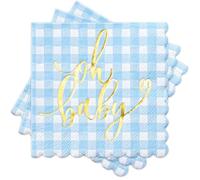 RUSPEPA Servilletas De Papel Cuadriculadas Ruspepa Para Baby Shower (Paquete De 50) - Servilletas Desechables De 3 Capas, Color Azul Con Estampado Dorado "Oh Baby", 12,7 X 12,7 Cm, Color Azul