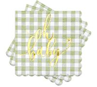 RUSPEPA Servilletas De Papel Cuadriculadas Ruspepa Para Baby Shower (Paquete De 50) - Servilletas Desechables De 3 Capas, Color Verde Con Estampado Dorado "Oh Baby", 12,7 X 12,7 Cm, Color Verde