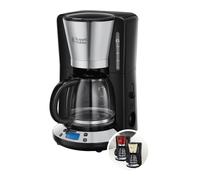 Russell Hobbs Cafetera de Goteo Victory - 15 Tazas, Jarra Cristal 1,5L, Soporte de Filtro Extraíble, Tecnología WhirlTech, Cuchara Medidora, Pantalla LCD, Programable, Negro y Plata - 24030-56