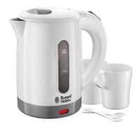 Russell Hobbs Hervidor de Agua Eléctrico Travel - 0,85 litros, 1000 W, Hervidor de Viaje, 2 Tazas y Cucharas, Filtro Extraíble, Indicador del Nivel de Agua, Plástico, Blanco - 23840-70