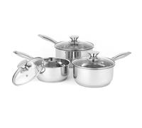 Russell Hobbs Juego de 3 cacerolas Acero Inoxidable, Incluye ollas de 16/18/20 cm con Tapas de Vidrio Templado y Salidas de Vapor, Apto para lavavajillas, Adecuado para Todo Tipo de cocinas