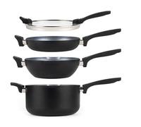 Russell Hobbs RH01840 Batería de cocina apilables, juego de 4, sartenes antiadherentes, ahorran espacio, cazo 24 cm, wok 24 cm, sartén para saltear 24 cm, con tapas de crista, para inducción, sin PFOA