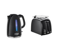 Russell Hobbs Textures Hervidor De Agua Eléctrico - 2400 W, 1,7 Litros + Textures Plus Tostadora - 2 Ranuras Cortas Y Anchas, Para 2 Rebanadas, Plástico Con Detalles Acero Inoxidable