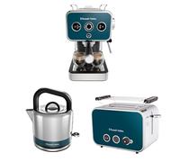 Russell Hobbs Tostadora de 2 Rebanadas y Hervidor de Agua Eléctrico de 1.5 Litros y Cafetera Espresso de 15 Bares Azul Acero Inoxidable