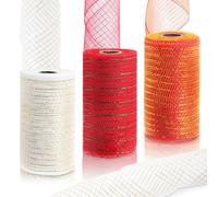 Rustark 3 rollos de cinta de malla decorativa de 6 pulgadas x 10 yardas con lámina metálica, cinta de malla de polietileno rojo, verde y blanco para corona, decoración de árbol de Navidad, papel de