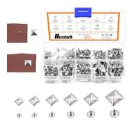 Rustark Juego de 150 remaches de pirámide plateados, 6 tamaños, 6 mm, 7 mm, 8 mm, 9 mm, 10 mm, 12 mm, kit de remaches cuadrados de metal, pirámide rápida, kit surtido para manualidades de cuero