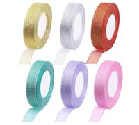 Rustark Kit surtido de 6 rollos de cintas de organza con purpurina metálica, 6 colores cada uno, 4/5 pulgadas x 25 yardas, cinta con purpurina para envolver regalos, Navidad, cumpleaños, boda,