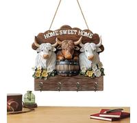 Rustic Cattle Keyholder - Wall Mount Hook for Home Entryway | Wooden with 2D Flat Design, Four Hook Organizer, Decorative Coat Hanger, Functional Storage Accessory for Bathroom Bedroom