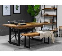 Rustic Charm - Juego de mesa de comedor extensible con diseño contemporáneo de madera reciclada auténtica (140 cm y 180 cm), incluye 2 bancos