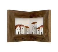 Rustic Cottage Key Hooks - Vintage Wooden Wall Decor, 3D Wooden Key Ring Holder with 4 Hooks, Retro Wall-Mounted Keys Rack for Foyer, Hallway, Kitchen, Mudroom, Garage, Office, Home Corner Decor