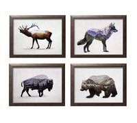 Rustic Double Exposure Elk Bison Wolf and Bear Landscape Set; Cabin Lodge Decor; Four 10x8in Brown Framed Prints; Ready to hang!