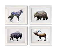 Rustic Double Exposure Elk Bison Wolf and Bear Landscape Set; Cabin Lodge Decor; Four 10x8in White Framed Prints; Ready to hang!