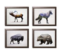 Rustic Double Exposure Elk, Bison, Wolf and Bear Landscape Set; Cabin Lodge Decor; Four 14x11in Brown Framed Prints; Ready to hang!