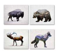 Rustic Double Exposure Elk Bison Wolf and Bear Landscape Set; Cabin Lodge Decor; Four 20x16in Fine Art Paper Prints