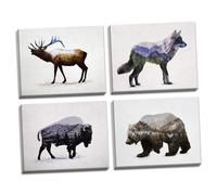 Rustic Elk Bison Wolf and Bear Landscape Set; Cabin Lodge Decor; Four 10x8in Hand-Stretched Canvases