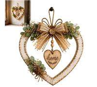 Rustic Farmhouse Heart Wall Decor with Home Sign,Lighted Hanging Heart-Shaped Wall Decoration with Burlap Bow,Boho Vintage Wreath Hanging Ornaments,for Front Door, Living Room