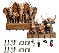 Rustic Highland Cow Wooden Family Key Holder Hanging Ornament with 4 Hooks,Three Adorable Wood Calf Decor Key Hooks,Wall Decorative Rack for Entryway Hallway Farmhouse (2 * Elephants)