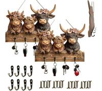 Rustic Highland Cow Wooden Family Key Holder Hanging Ornament with 4 Hooks,Three Adorable Wood Calf Decor Key Hooks,Wall Decorative Rack for Entryway Hallway Farmhouse (Cow+Elephant)