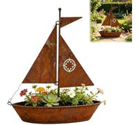 Rustic Iron Sailboat Planter, Vintage Nautical Flower Pot, Metal Art 3D Decor with Planter Function Nautical Garden Decor for Porch Patios Lake House, Natural Rust Finish