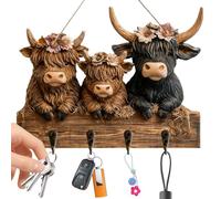 Rustic Key Holder - Cow Design Wall Hanger, Wooden Entry Organizer | Farmhouse Style Decorative Storage Accessory Unit, Four Hook Hanging Organization Display Fixture For Home Entryway Living Room Bed