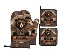 Rustic Lodge Bear - Juego de 4 piezas para hornear, alta resistencia al calor, 260.0 °C, manoplas de horno, almohadillas para cubrir ollas, barbacoa, banquete, fiesta, hornear