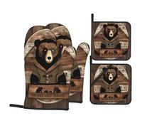 Rustic Lodge Bear - Juego de guantes de horno y soportes para ollas, 4 piezas, guantes de cocina antideslizantes para cocinar, hornear a la parrilla