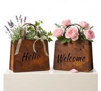 Rustic Metal Handbag Planter Decor - Double-Sided Hello Welcome Sign, Weather-Resistant Vintage Farmhouse Purse Flower Pot for Outdoor Garden Porch Patio, 10.2" Rust Brown (2PCS)