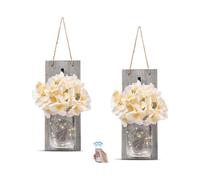 Rustic Wall Sconces - Mason Jars Sconce, Rustic Home Decor,Wrought Iron Hooks, Silk Hydrangea and LED Lights Home Decoration (Set of 2)