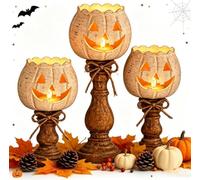 Rustic White Pumpkin Tealight Candle Holder Set of 3, Halloween Pumpkin Tea Light Candle Holders Decor, Fall Tables Centerpieces for Thanksgiving & Halloween Party